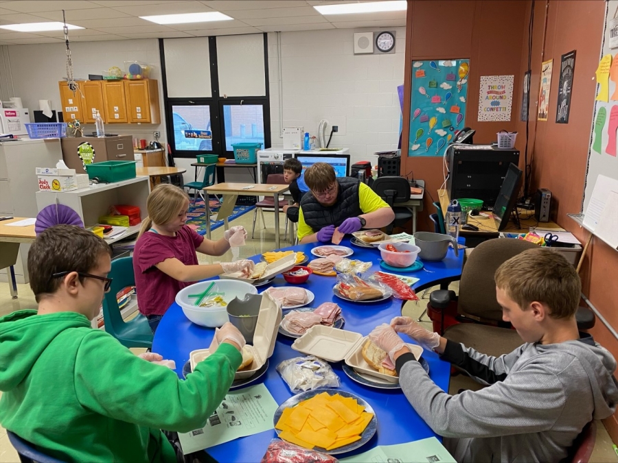 students working at a table